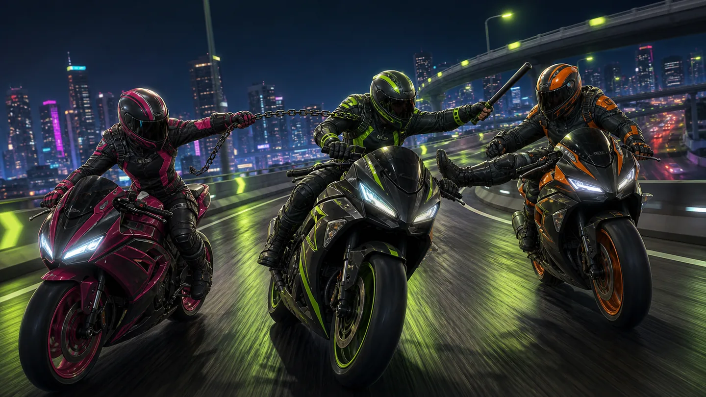 Three motorcycle riders battle for position on a neon-lit night expressway