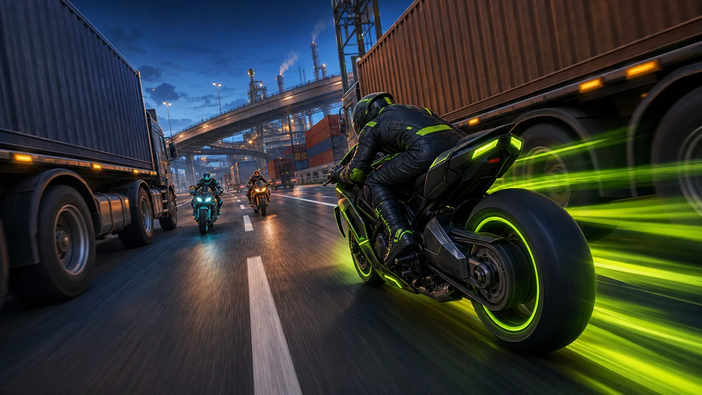 A rider threads through heavy freight traffic under industrial city lights