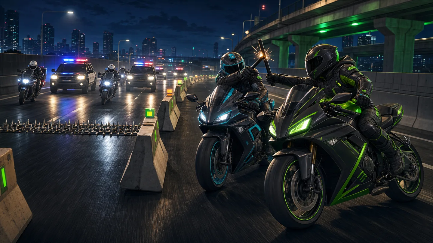 Riders race through a tightening night pursuit on an elevated city road